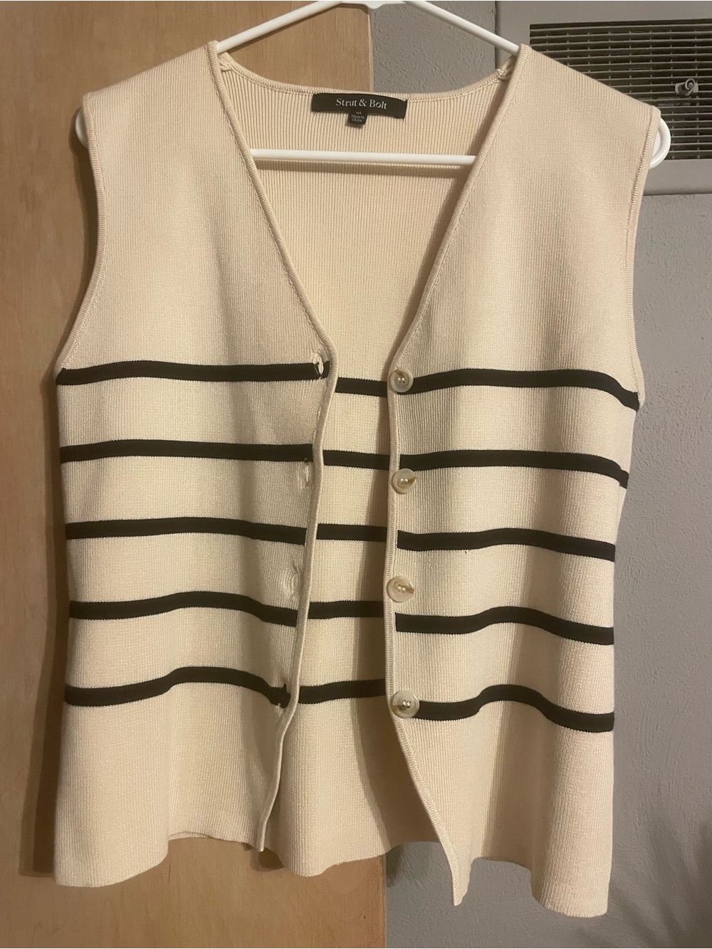 Cream Sleeveless Button-Front Sweater Vest with Black Stripes